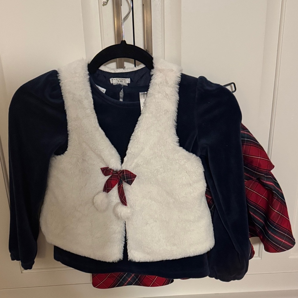 White Faux Fur Vest with Navy Top and Plaid Skirt Set